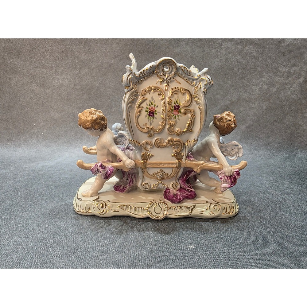Vintage Porcelain Cherub Sedan Chair Centerpiece Gold Gilt Floral Figurine 8"